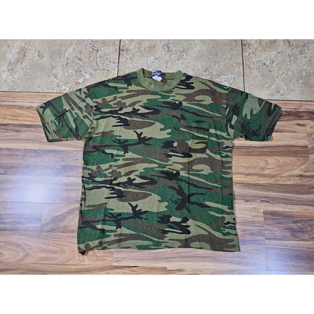 80s Imperial Brand Green Woodland Camo Pocket T-Shirt Sz L